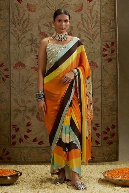 SVA by Sonam & Paras Modi Mask Print Cascade Saree With Bustier 