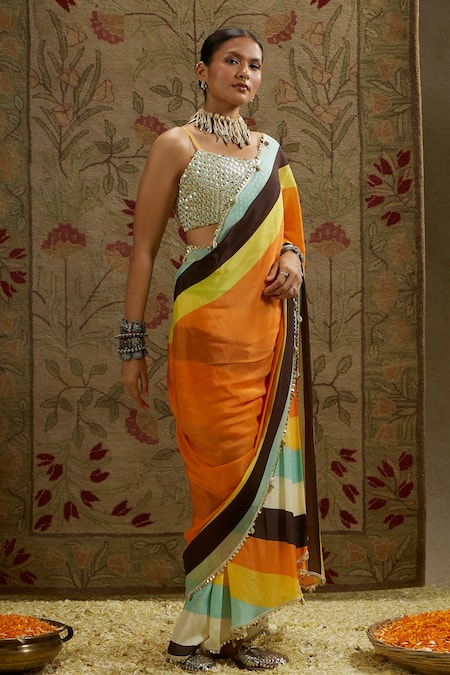 Sva By Sonam & Paras Modi Multi Color Crepe Beads Sweetheart Neck Mask Print Cascade Saree With Bustier at Aza Fashions Sva By Sonam & Paras Modi_Multi Color Crepe Beads Sweetheart Neck Mask Print Cascade Saree With Bustier_at_Aza_Fashions