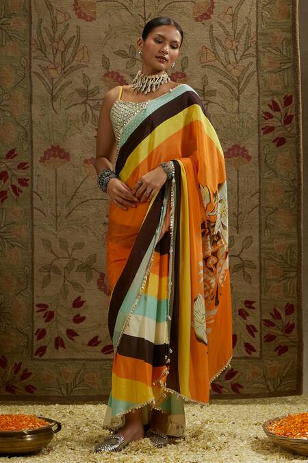 Buy Sva By Sonam & Paras Modi Multi Color Crepe Beads Sweetheart Neck Mask Print Cascade Saree With Bustier Buy_Sva By Sonam & Paras Modi_Multi Color Crepe Beads Sweetheart Neck Mask Print Cascade Saree With Bustier