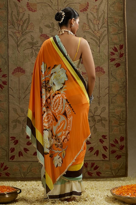 Sva By Sonam & Paras Modi Mask Print Cascade Saree With Bustier 