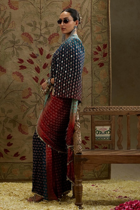 Sva By Sonam & Paras Modi_Blue Crepe Beads, Embroidery, Sequins Ombre Floral Print Designer Saree Set_Online_at_Aza_Fashions