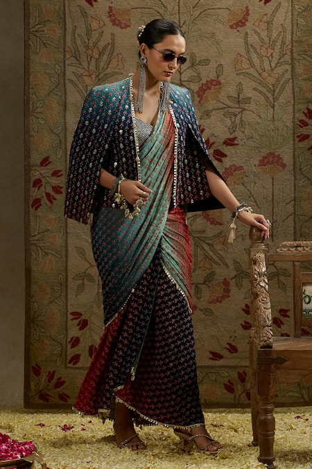 Shop_Sva By Sonam & Paras Modi_Blue Crepe Beads, Embroidery, Sequins Ombre Floral Print Designer Saree Set_Online_at_Aza_Fashions