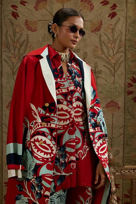 Sva By Sonam & Paras Modi Red Crepe Collared Printed Long Trench Jacket Online at Aza Fashions Sva By Sonam & Paras Modi_Red Crepe Collared Printed Long Trench Jacket_Online_at_Aza_Fashions