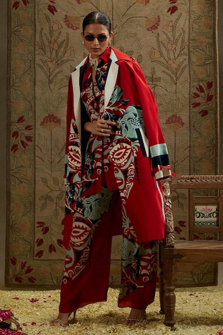 Shop Sva By Sonam & Paras Modi Red Crepe Collared Printed Long Trench Jacket Online at Aza Fashions Shop_Sva By Sonam & Paras Modi_Red Crepe Collared Printed Long Trench Jacket_Online_at_Aza_Fashions