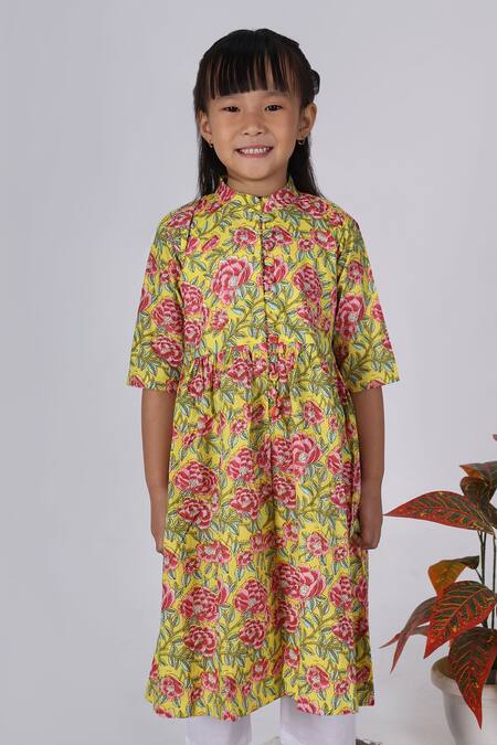 THE COTTON STAPLE_Yellow Cotton Floral Print A-line Kurta Set _Online_at_Aza_Fashions