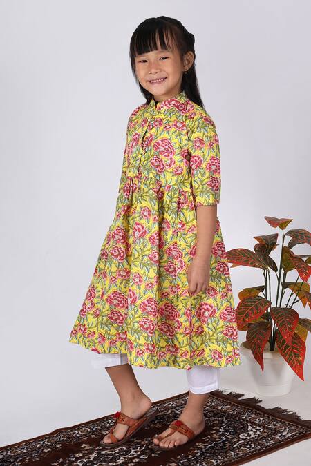 Buy_THE COTTON STAPLE_Yellow Cotton Floral Print A-line Kurta Set _Online_at_Aza_Fashions