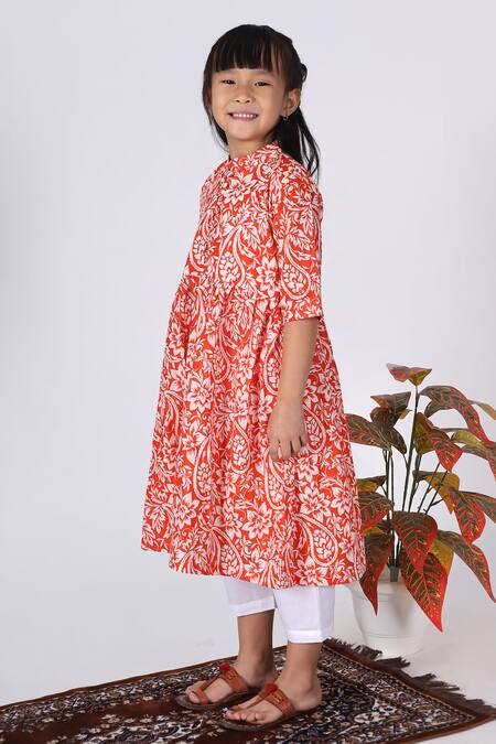 THE COTTON STAPLE_Orange Cotton Floral Print A-line Kurta Set _Online_at_Aza_Fashions