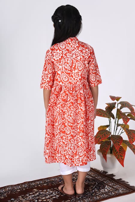 Shop_THE COTTON STAPLE_Orange Cotton Floral Print A-line Kurta Set _at_Aza_Fashions