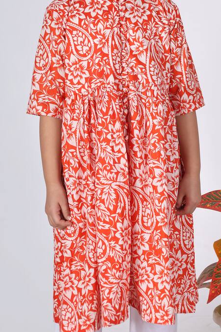 Shop_THE COTTON STAPLE_Orange Cotton Floral Print A-line Kurta Set _Online_at_Aza_Fashions