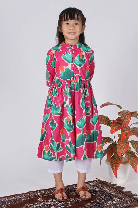 The Cotton Staple_Pink Cotton Embroidery Floral Print A-line Kurta Set _Online_at_Aza_Fashions