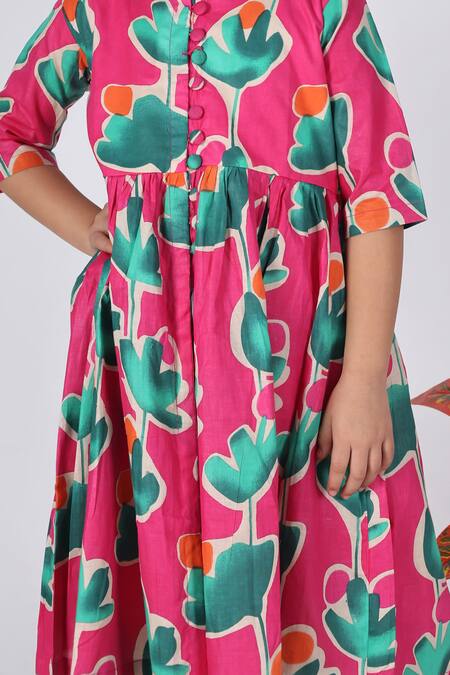 Buy_The Cotton Staple_Pink Cotton Embroidery Floral Print A-line Kurta Set _Online_at_Aza_Fashions
