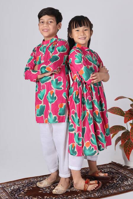 Shop_The Cotton Staple_Pink Cotton Embroidery Floral Print A-line Kurta Set _Online_at_Aza_Fashions