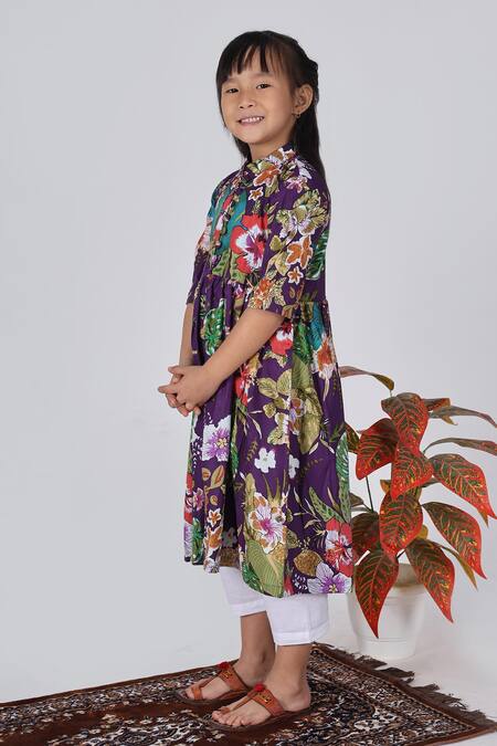 The Cotton Staple_Purple Cotton Floral Print A-line Kurta Set _Online_at_Aza_Fashions