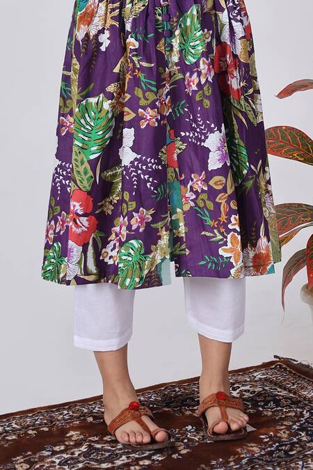 Buy_The Cotton Staple_Purple Cotton Floral Print A-line Kurta Set _Online_at_Aza_Fashions