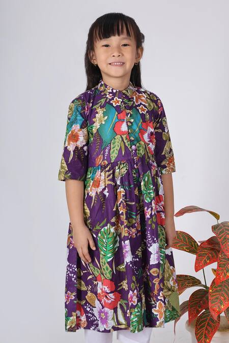 Shop_The Cotton Staple_Purple Cotton Floral Print A-line Kurta Set _Online_at_Aza_Fashions