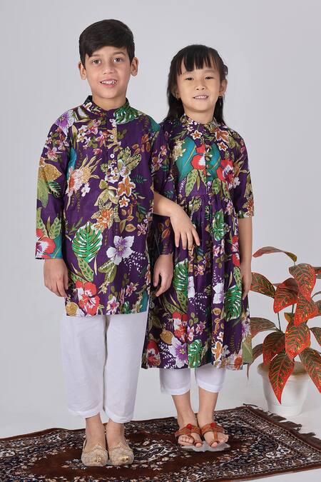 The Cotton Staple_Purple Cotton Floral Print A-line Kurta Set _at_Aza_Fashions