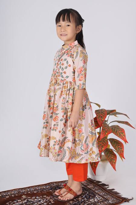 Buy_THE COTTON STAPLE_Beige Cotton Floral Print A-line Kurta Set _Online_at_Aza_Fashions