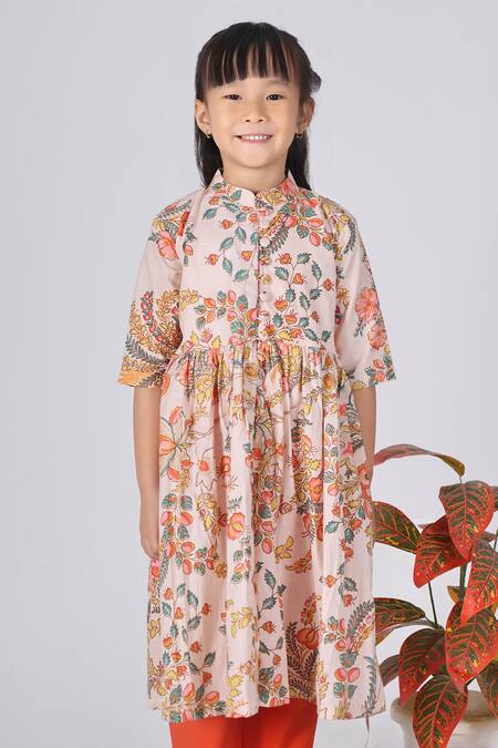 Shop_THE COTTON STAPLE_Beige Cotton Floral Print A-line Kurta Set _Online_at_Aza_Fashions