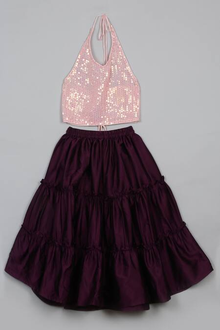 Shop Saka Designs Pink Georgette, Taffeta Sequins Ruffled Tiered Lehenga And Blouse at Aza Fashions Shop_Saka Designs_Pink Georgette, Taffeta Sequins Ruffled Tiered Lehenga And Blouse_at_Aza_Fashions