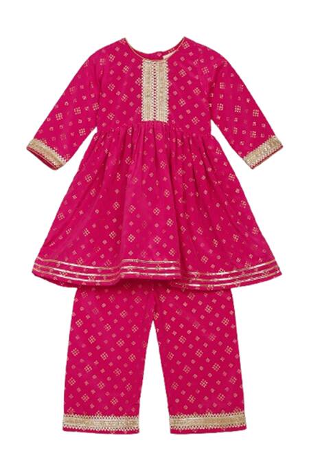 Saka Designs_Pink Rayon Embroidery, Lace Geometric Print Peplum Kurta And Palazzo Set_Online_at_Aza_Fashions