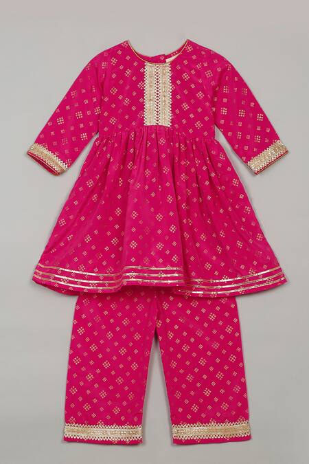 Shop_Saka Designs_Pink Rayon Embroidery, Lace Geometric Print Peplum Kurta And Palazzo Set_at_Aza_Fashions