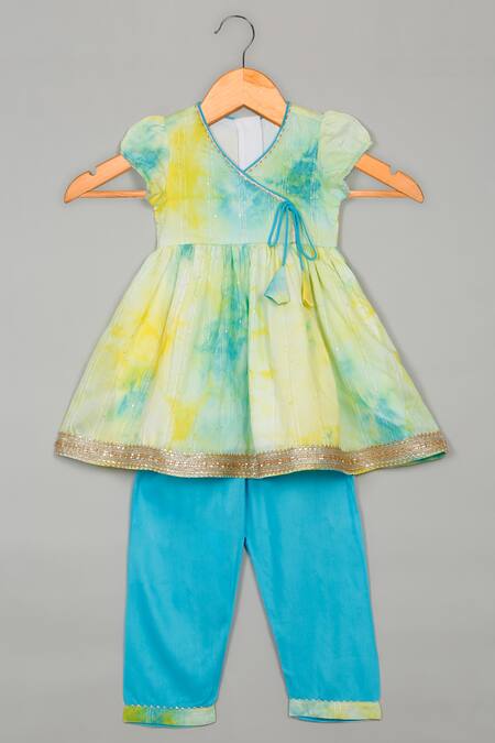 Shop Saka Designs Blue Georgette, Rayon Sequins Tie-dye Angarkha Set With Palazzo at Aza Fashions Shop_Saka Designs_Blue Georgette, Rayon Sequins Tie-dye Angarkha Set With Palazzo_at_Aza_Fashions