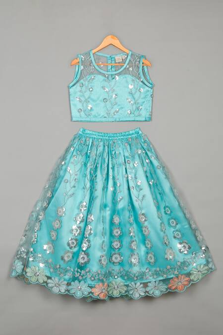 Shop Saka Designs Blue Net, Satin Sequins Embroidered Lehenga And Blouse at Aza Fashions Shop_Saka Designs_Blue Net, Satin Sequins Embroidered Lehenga And Blouse_at_Aza_Fashions