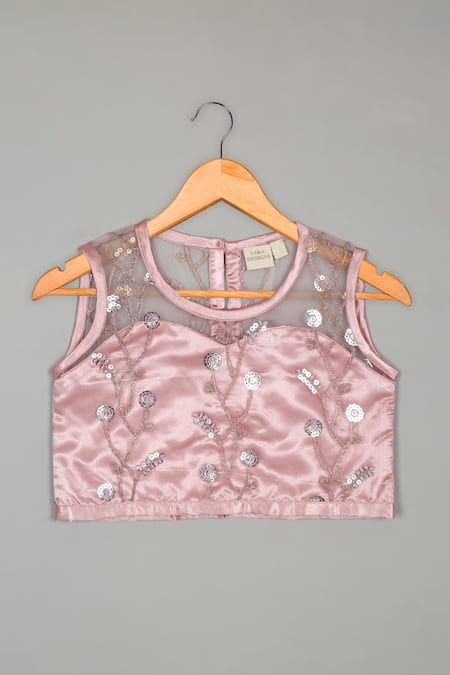 Saka Designs_Pink Net, Satin Sequins Vine Embroidered Lehenga And Blouse Set_Online_at_Aza_Fashions