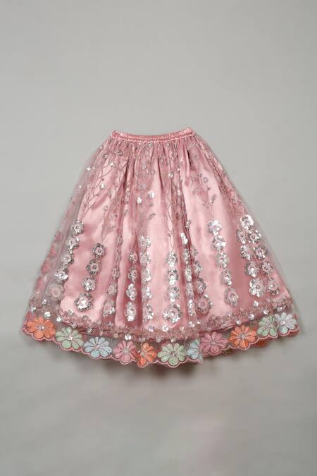 Shop_Saka Designs_Pink Net, Satin Sequins Vine Embroidered Lehenga And Blouse Set_Online_at_Aza_Fashions