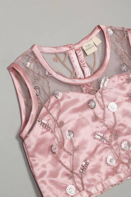 Saka Designs_Pink Net, Satin Sequins Vine Embroidered Lehenga And Blouse Set_at_Aza_Fashions