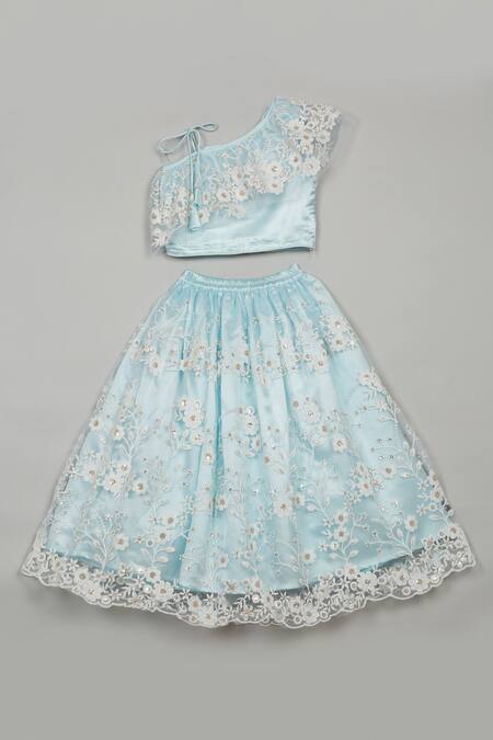 Shop Saka Designs Blue Net, Satin Sequins, Embroidery Floral Lehenga Set at Aza Fashions Shop_Saka Designs_Blue Net, Satin Sequins, Embroidery Floral Lehenga Set_at_Aza_Fashions