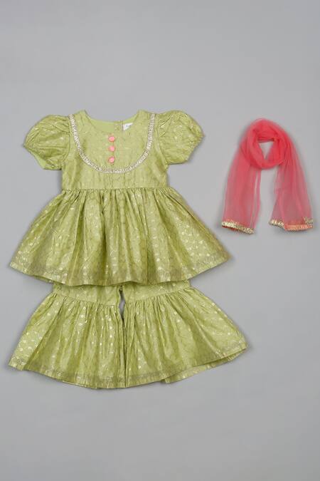 Shop Saka Designs Green Polyester, Cotton, Chanderi, Net Lace, Floral Jaal Print Peplum Kurta Set at Aza Fashions Shop_Saka Designs_Green Polyester, Cotton, Chanderi, Net Lace, Floral Jaal Print Peplum Kurta Set_at_Aza_Fashions