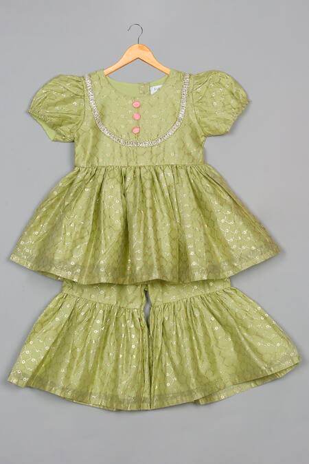 Saka Designs Green Polyester, Cotton, Chanderi, Net Lace, Floral Jaal Print Peplum Kurta Set at Aza Fashions Saka Designs_Green Polyester, Cotton, Chanderi, Net Lace, Floral Jaal Print Peplum Kurta Set_at_Aza_Fashions