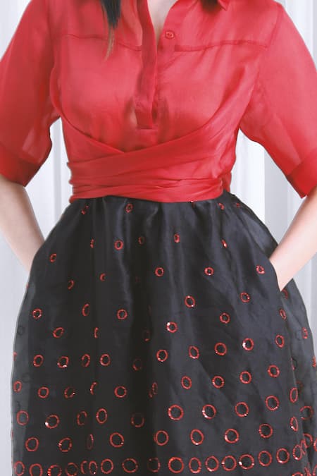 Buy Leh Studios Red Silk Sequins Collared Embellished Color Block Dress Online at Aza Fashions Buy_Leh Studios_Red Silk Sequins Collared Embellished Color Block Dress _Online_at_Aza_Fashions