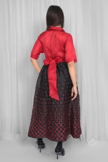 Leh Studios Red Silk Sequins Collared Embellished Color Block Dress Online at Aza Fashions Leh Studios_Red Silk Sequins Collared Embellished Color Block Dress _Online_at_Aza_Fashions