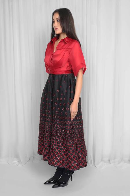 Shop Leh Studios Red Silk Sequins Collared Embellished Color Block Dress Online at Aza Fashions Shop_Leh Studios_Red Silk Sequins Collared Embellished Color Block Dress _Online_at_Aza_Fashions