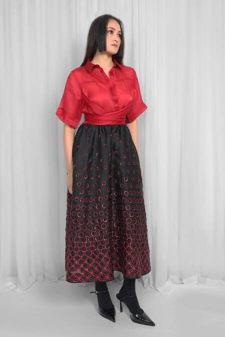 Leh Studios Red Silk Sequins Collared Embellished Color Block Dress at Aza Fashions Leh Studios_Red Silk Sequins Collared Embellished Color Block Dress _at_Aza_Fashions