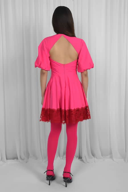 Shop_Leh Studios_Pink Cotton, Viscose Lace V-neck Panelled Dress _at_Aza_Fashions