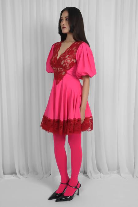 Leh Studios_Pink Cotton, Viscose Lace V-neck Panelled Dress _Online_at_Aza_Fashions