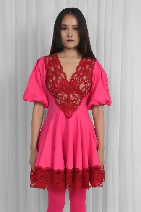 Buy_Leh Studios_Pink Cotton, Viscose Lace V-neck Panelled Dress _Online_at_Aza_Fashions