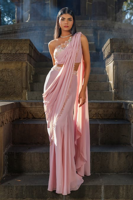 Shop_Tamaraa By Tahani_Purple Georgette, Tulle Beads, Cut Work Cutdana Embroidered Pre-draped Saree Set _Online_at_Aza_Fashions