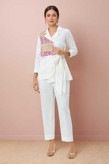 Buy Samyukta Singhania Off White Cotton Satin Embroidery Collared Block Print Wrap Top And Pant Set at Aza Fashions Buy_Samyukta Singhania_Off White Cotton Satin Embroidery Collared Block Print Wrap Top And Pant Set_at_Aza_Fashions