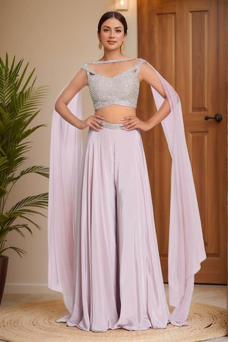 Samyukta Singhania Pink Georgette Embellished Bead Cape Boat Shoulder Sharara Set 