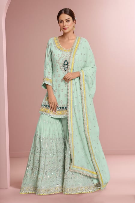 Samyukta Singhania Green Georgette Embroidered Zardozi Round Floral Kurta Sharara Set 