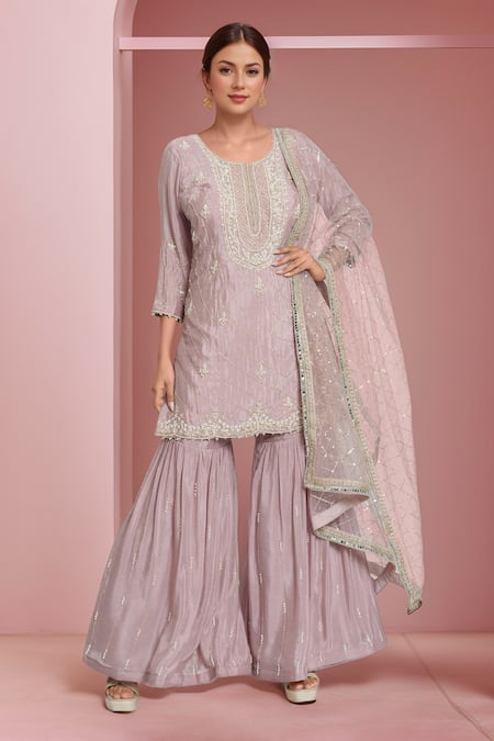 Samyukta Singhania Pink Chinon Embroidered Zardozi Bead Checkered Embellished Kurta Sharara Set 