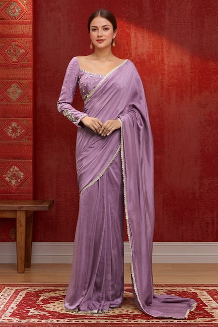 Samyukta Singhania Purple Pure Chanderi Silk Hand Embroidered Scoop Lace Bordered Saree With Blouse 