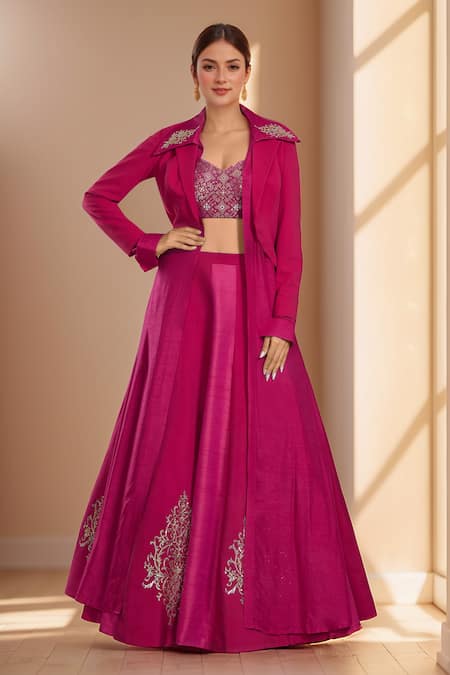 Samyukta Singhania Pink Silk Imported Embroidery Sequin Spread Collar Bloom Jacket Lehenga Set 