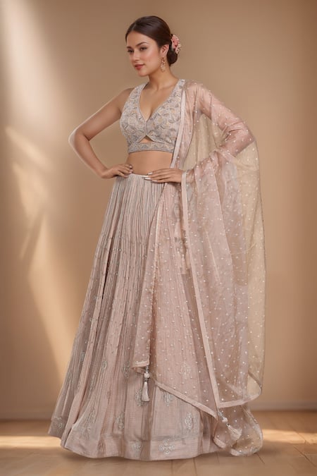 Samyukta Singhania Beige Silk Embroidery Sequin Halter Neck Peony Bloom Lehenga Set 