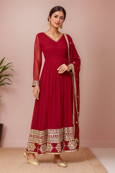 Samyukta Singhania Maroon Faux Georgette Lining Cotton Embroidery Florin Anarkali With Dupatta 