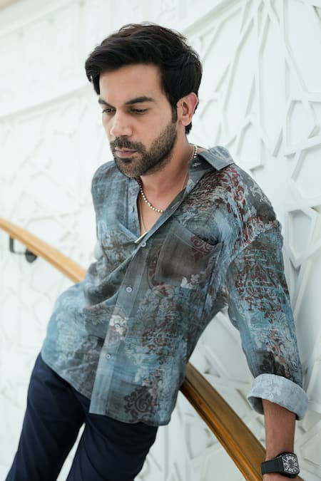 Shop Nirmooha Grey Chiffon Printed Shirt And Pant Set Shop_Nirmooha_Grey Chiffon Printed Shirt And Pant Set